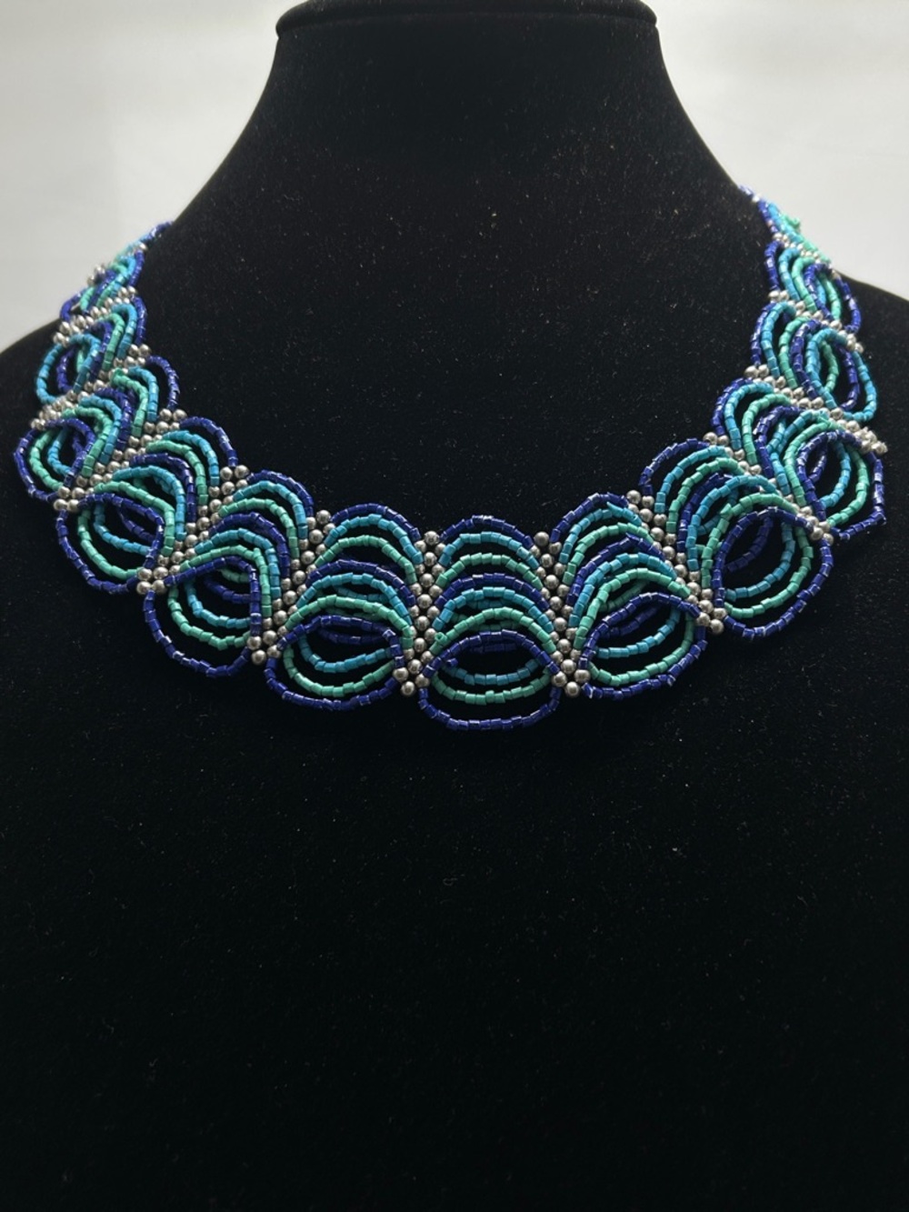 Blue And Silver Scalloped Seed Beaded Collar Necklace